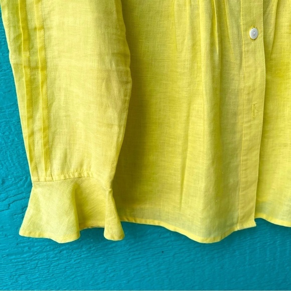 YELLOW LINEN PINTUCK PEPLUM BUTTON DOWN BLOUSE WITH RUFFLE CUFFS SIZE MEDIUM - Picture 6 of 7